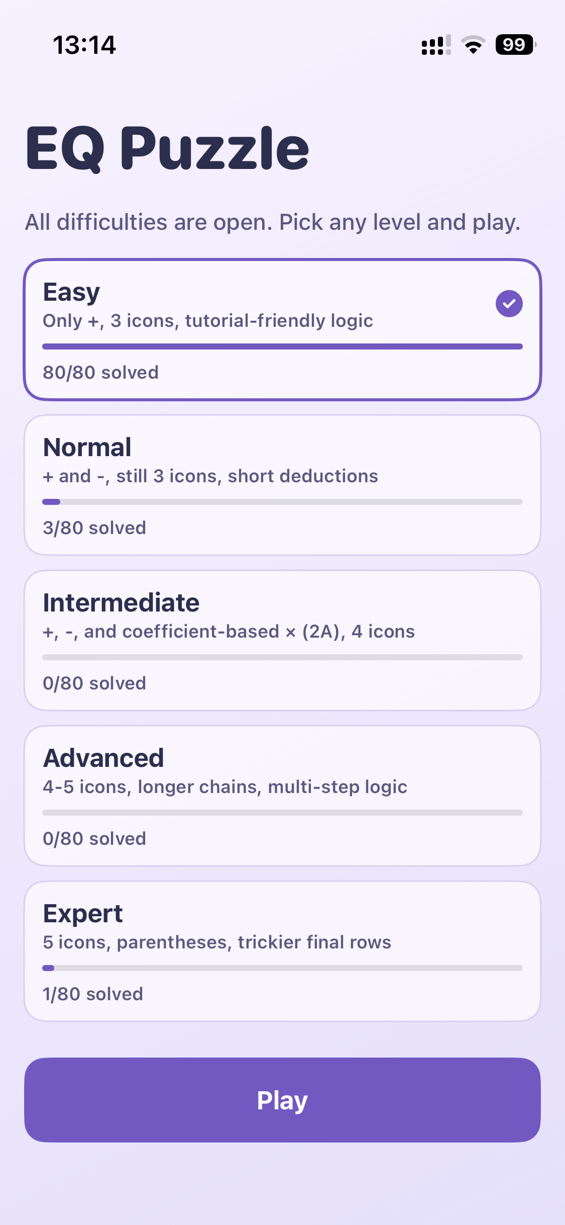 EQ Puzzle difficulty selection screen